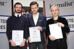 "Aufgefallen": Moritz Moser ("nzz.at"), Jakob Winter ("Profil") und Hanna Herbst ("Vice").