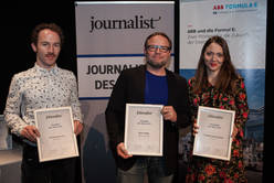 Christoph Lenz (3.Platz), Kurt Pelda (1.Platz) und Claudia Badertscher (2.Platz) wurden in der Kategorie "Recherche" ausgezeichnet